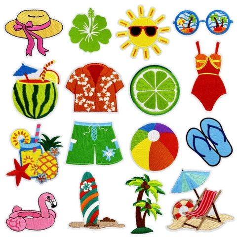 Hawaii Zomer Thema Geborduurde Patches Voor Kleding Cartoon Kokosnootboom Flamingo Opstrijkbare Patches Tropische Party DIY Decoratie Kledingaccessoire