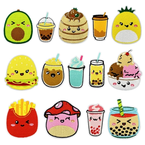 Cute Cartoon Food Embroidered Iron On Patches Hamburger Ice Cream Avocado Kawaii DIY Clothing Bag Applique Ornaments