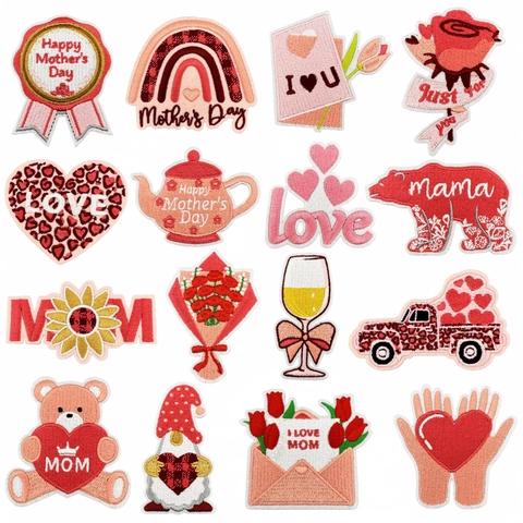 Moederdag Borduurpatches Roze Hart Bloem Beer Regenboog Patroon Opstrijkbare Applicatie Voor DIY Kleding Tassen Jassen Hoeden Decor