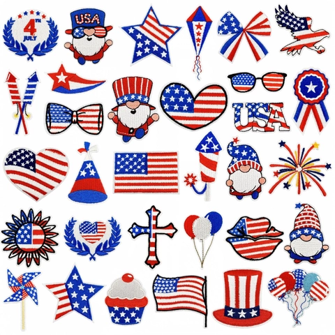 Toppe Ricamate Giorno dell'Indipendenza USA Bandiera Americana Aquila Gnomo Cuore Toppa Termoadesiva per Decorazione Vestiti DIY