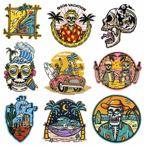 Bunte Amerikanische Retro Totenkopf Landschaft Auto Bestickte Aufnäher Für Kleidung Cartoon Graffiti Dekorative Stoffaufkleber