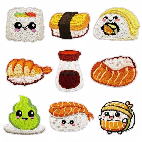 Parches Bordados Sushi Dibujos Animados Salmón Onigiri Tamago Camarón Apliques DIY Para Planchar En Ropa Bolso Decoración Bordado