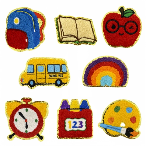 Chenille Schulthema Patches Goldene Pailletten Rand Bestickt Aufbügler Für Rucksack Kleidung Kinder DIY Schulbus