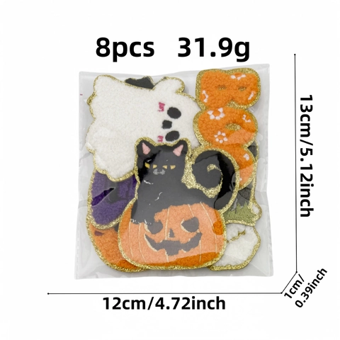 Halloween Chenille Embroidery Patches Gold Glitter Edge Iron On Pumpkin Ghost Skull Bat Patches For Clothing DIY Decoration