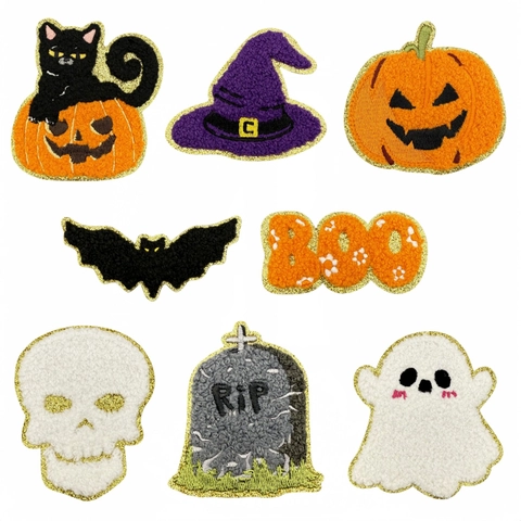 Halloween Chenille Embroidery Patches Gold Glitter Edge Iron On Pumpkin Ghost Skull Bat Patches For Clothing DIY Decoration