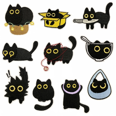 Schattige Zwarte Kat Geborduurde Patches Grappige Dieren Strijkpatches Voor Kleding Decoratie DIY Kleding Naai-accessoires