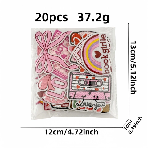 Cartoon Pink Embroidery Patch DIY Iron On Decorative Patches For Clothes Bag Sweet Heart Bow Book Girlie Aesthetic Accessories