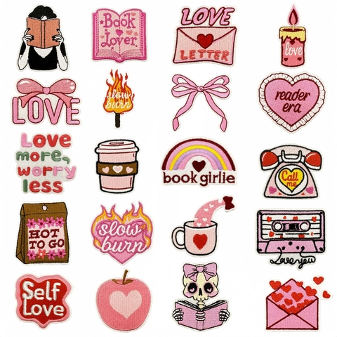 Cartoon Pink Embroidery Patch DIY Iron On Decorative Patches For Clothes Bag Sweet Heart Bow Book Girlie Aesthetic Accessories