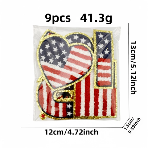 Écusson Patriotique du Jour de l'Indépendance des États-Unis Drapeau en Chenille Bordure à Paillettes Dorées Thermocollant