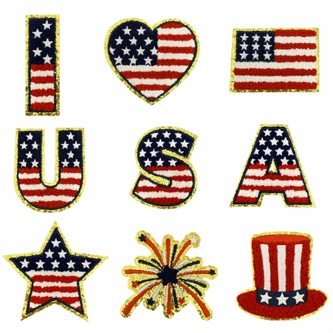 Écusson Patriotique du Jour de l'Indépendance des États-Unis Drapeau en Chenille Bordure à Paillettes Dorées Thermocollant