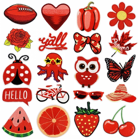 Red Series Embroidery Patches Set Fruit Flower Animal Iron On Patches For Clothing DIY Sew On Appliques For Jackets Backpacks