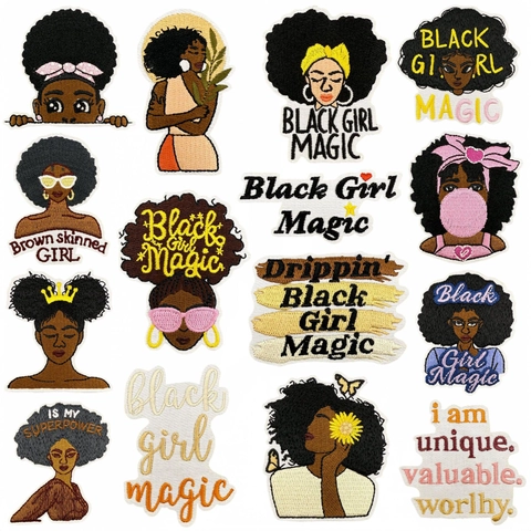 Cartoon Black Girl Magic Embroidery Patches For Clothing DIY Iron On Applique For Afro Women Fashion Jackets Decorative Patch