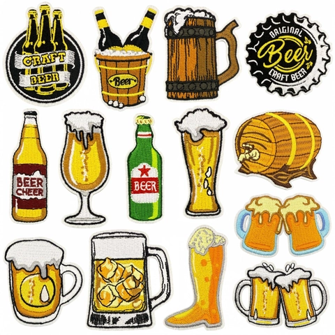 Parches Bordados de Tema de Cerveza Dibujos Animados de Poliéster Parches Termoadhesivos para Ropa Bolsos Accesorios DIY
