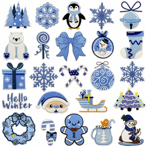 Winter Christmas Cartoon Embroidery Patches Blue Series Snowman Penguin Snowflake Embroidered Applique For Clothing Bag DIY Decoration