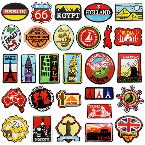 Toppe da Ricamo con Monumenti del Mondo per Abbigliamento Zaino Tema Viaggio Bandiera Nazionale Applique Ricamate Decorative Termoadesive
