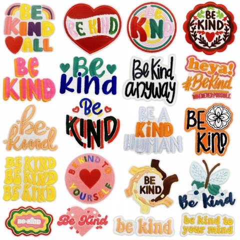 Écussons Brodés en Poliestere Thème Be Kind Thermocollants Coeur Coloré Nuage Slogan DIY Décoration de Vêtements Écusson Brodé