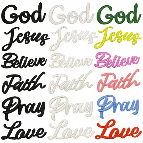 Borduurwerk Letters Patch Faith God Jesus Believe Pray Love Opstrijkbare Applicatie Polyester Badge Voor Kleding Tassen Decor