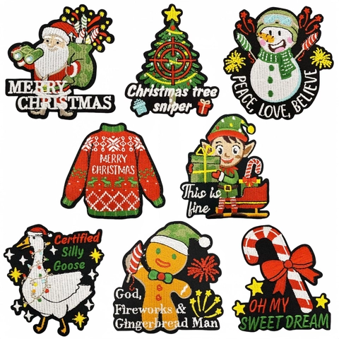 Christmas Embroidered Patches Polyester Thread Cartoon Santa Claus Snowman Gingerbread Man Iron On Appliques For Clothing