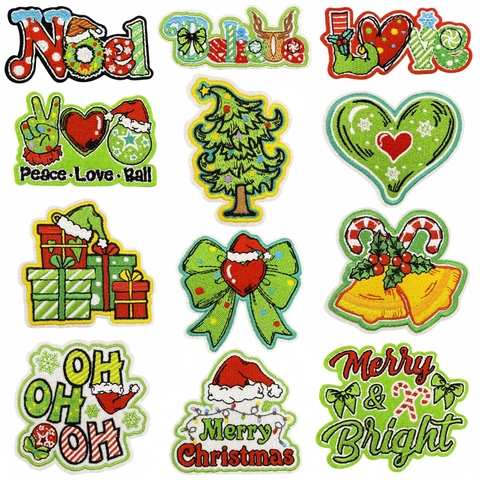 Parches Bordados de Navidad de Dibujos Animados para Ropa Aplicación Termoadhesiva Decorativa Árbol de Papá Noel Estilos Surtidos
