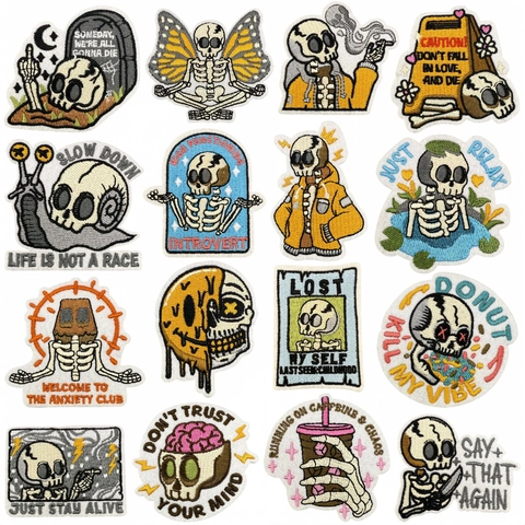 Cartoon Skelett Bestickt Aufnäher Punk Schädel Bügelbilder Für Kleidung DIY Dekoration Dunkler Humor Stil Stickerei Zubehör