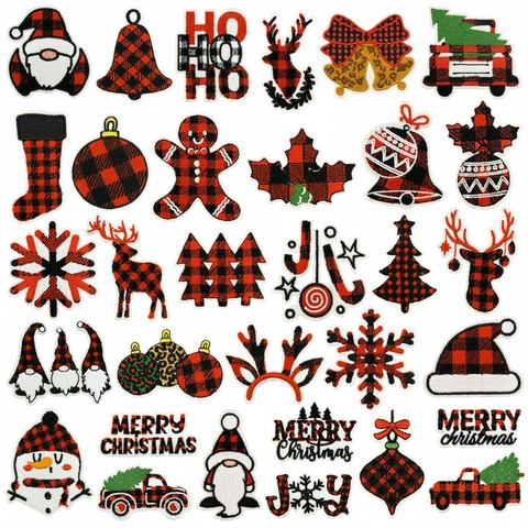 Christmas Embroidery Patches Buffalo Plaid Reindeer Santa Claus Iron On Applique Decorative DIY Patches For Clothing Bags