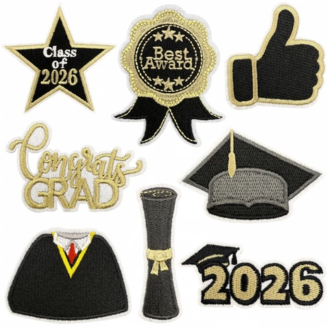 Class Of 2026 Graduation Iron On Patches Black Gold Embroidered Graduate Cap Award Star Badge For Clothes Bag Decor