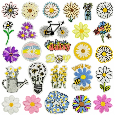 Parches Bordados de Flores de Margarita Aplique para Planchar para Ropa Mochila Chaqueta Costura Bricolage Parche Floral Decorativo