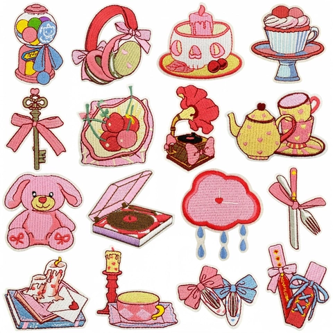 Cute Pink Cartoon Bear Embroidered Patches Iron On Appliques For Clothing DIY Decoration Kawaii Sweets Cupcake Fabric Stickers