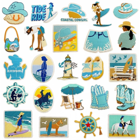 Toppe Ricamate Coastal Cowgirl Blu Decorative Termo-applicabili Per Vestiti Borse Giacche Estate Spiaggia Fai Da Te Accessori