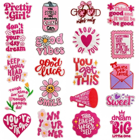 Toppe Ricamate in Inglese Rosa Carino Frasi Ispiratrici Cartoni Animati Applicazioni Decorative Stirabili per Vestiti Zaino Fai Da Te
