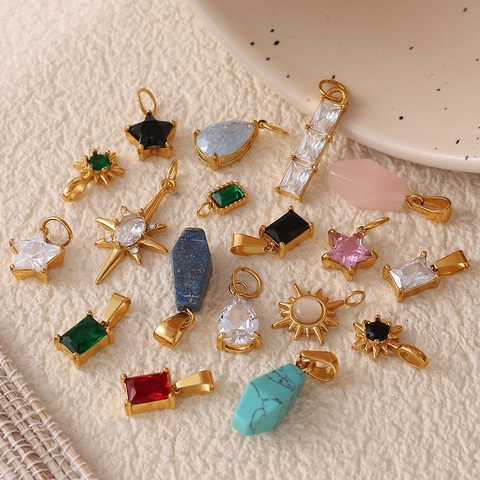 Stainless Steel 18K Gold Plated Pendants For Jewelry Making Colorful Zircon Star Rectangle Waterdrop DIY Charms Only