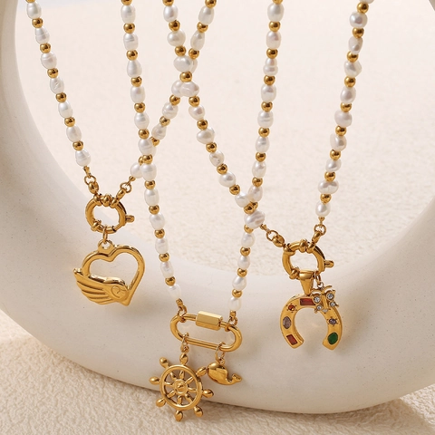 Vintage Süßwasserperle Edelstahl Halskette Armband Set Vergoldet Herz Bär Anhänger Mode Schmuck Für Damen