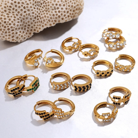 18K Gold Plated Stainless Steel Rhinestone Hoop Earrings For Women Elegant Geometric Wave Chain Link Huggie Earrings Fashion Jewelry