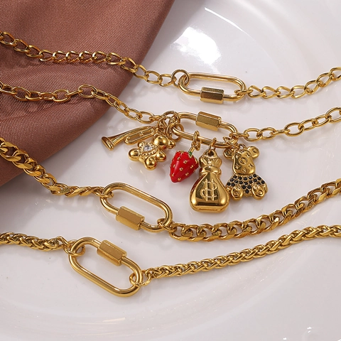 Edelstahl Gold Halskette Und Armband Mit Bär Erdbeere Herz Anhänger Für Damen Mode Nische Design Schmuck