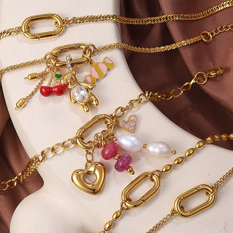 Edelstahl Vergoldeter Schmuck Für Damen Strass Künstliche Perle Herz Roter Chili Anhänger Halskette Armband