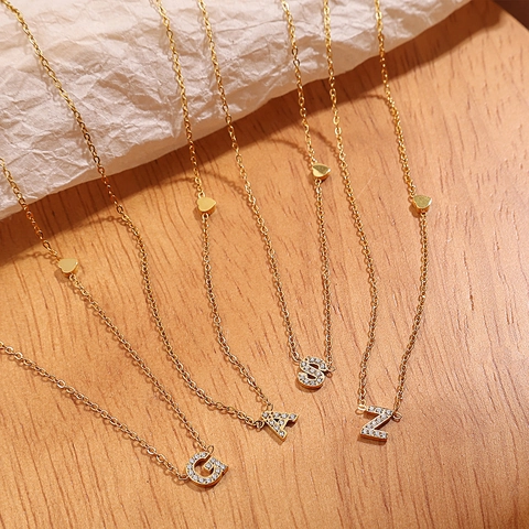 Minimalist Stainless Steel 18K Gold Plated Zirconia Letter Pendant Necklace With Small Heart Accent For Women Jewelry Gift