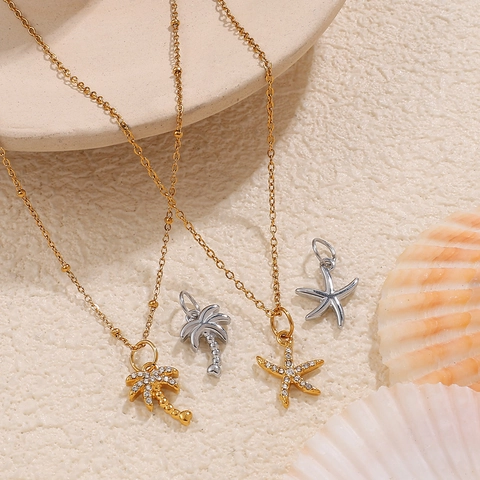 Exquisite Stainless Steel Marine Ocean Theme DIY Pendant Charms With Rhinestone Starfish Coconut Tree For Jewelry Making