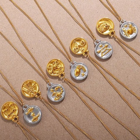 Collar con Colgante de Moneda Redonda de Acero Inoxidable Bañado en Oro de 18K 12 Constelaciones Mapa Estelar de Doble Cara para Mujer