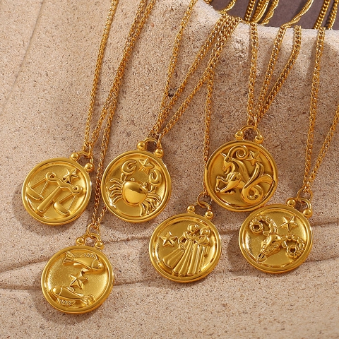 Collar con Colgante de Moneda Redonda de Acero Inoxidable Bañado en Oro de 18K 12 Constelaciones Mapa Estelar de Doble Cara para Mujer