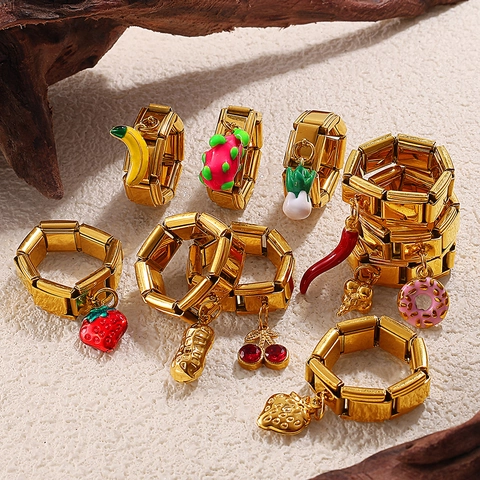 Fashion Stainless Steel Gold Plated Adjustable Italian Charm Ring For Women With Enamel Fruit Vegetable Food Donut Pendant Jewelry