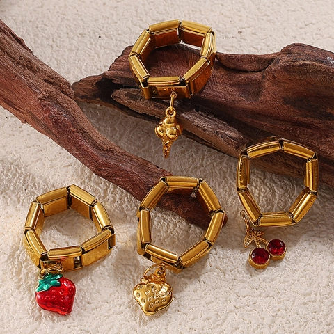 Fashion Stainless Steel Gold Plated Adjustable Italian Charm Ring For Women With Enamel Fruit Vegetable Food Donut Pendant Jewelry