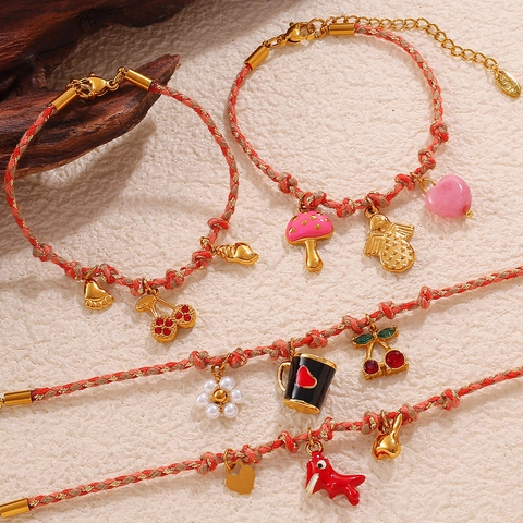 Joyas de Cuerda Trenzada de Acero Inoxidable Bohemio Collar y Pulsera Aleación Esmalte Fresa Cereza Dije Mujer Accesorios de Joyería