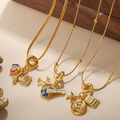Travel Theme Stainless Steel Pendant Necklace For Women Gold Plated Airplane Suitcase Eiffel Tower Enamel Zirconia Jewelry Gift