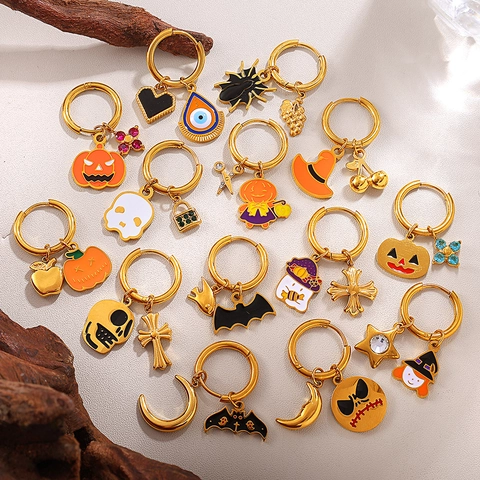 Halloween Edelstahl Kürbis Schädel Fledermaus Geist Anhänger Creolen Für Damen Vergoldet Emaille Strass Party Schmuck
