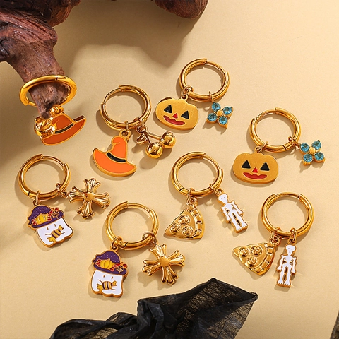Halloween Edelstahl Kürbis Schädel Fledermaus Geist Anhänger Creolen Für Damen Vergoldet Emaille Strass Party Schmuck