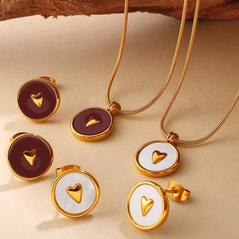 Luxury Stainless Steel 18K Gold Plated Jewelry Collection Heart Bee Pattern White Shell Enamel Round Stud Earrings Necklace For Women