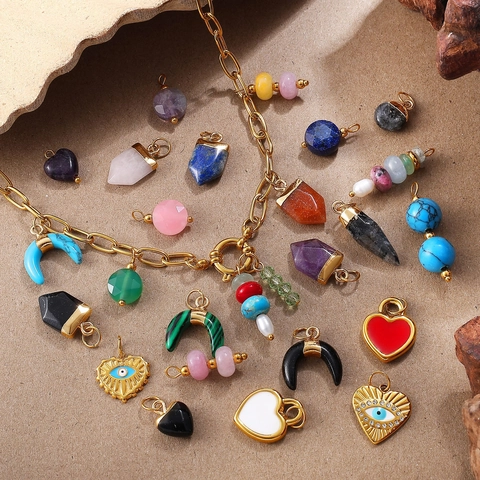 18K Vergoldeter Edelstahl DIY Anhänger Für Schmuckherstellung Naturstein Herz Böser Blick Mond Charme Damen Accessoires