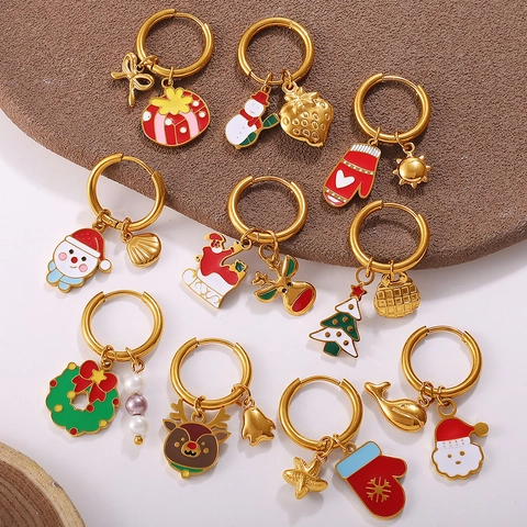 Orecchini Natalizi in Acciaio Inossidabile Smaltati Per Donna Placcati in Oro Renna Pupazzo di Neve Babbo Natale Perla Artificiale Strass Orecchini Pendenti