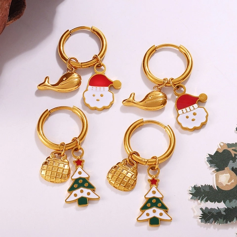 Orecchini Natalizi in Acciaio Inossidabile Smaltati Per Donna Placcati in Oro Renna Pupazzo di Neve Babbo Natale Perla Artificiale Strass Orecchini Pendenti