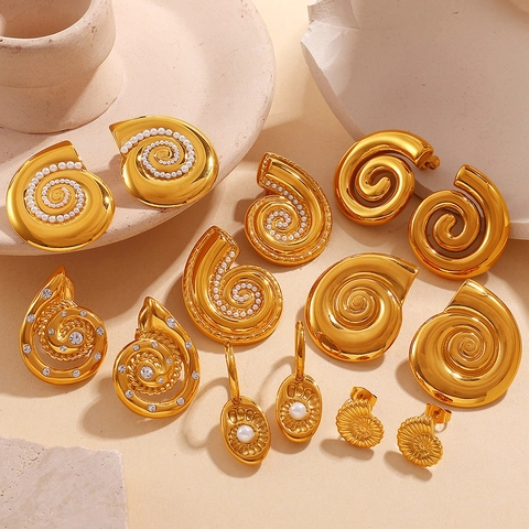 Vintage Stainless Steel Conch Spiral Earrings With Artificial Pearl Rhinestone Nautical Shell Stud Earrings For Women Jewelry